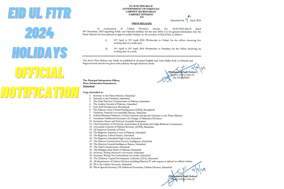 Pakistan Government issues Eid ul Fitr 2024 Holidays Notification